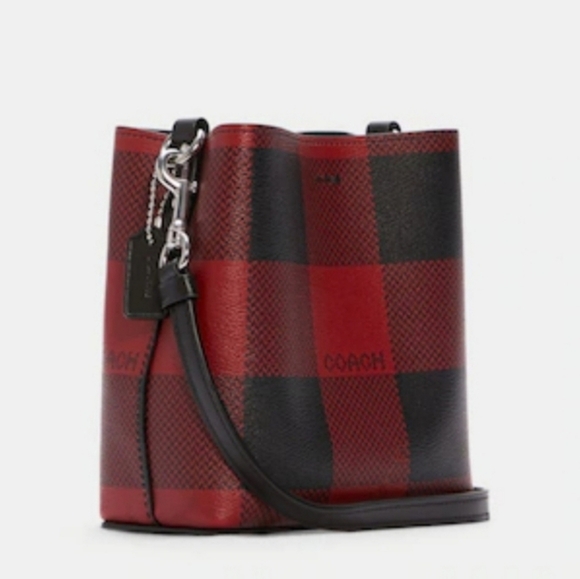 COACH MINI TOWN BUCKET BAG WITH RED & BLACK BUFFALO PLAID PRINT - Picture 4 of 8